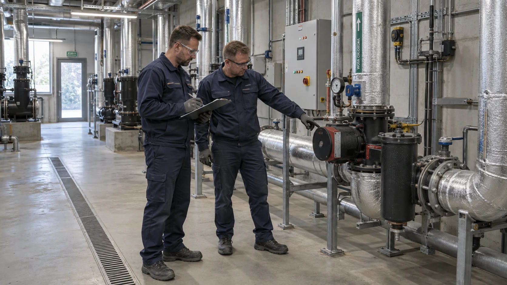 Technicy kontrolują wyposażenie pomieszczenia technicznego